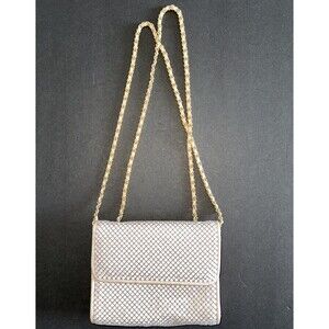 Vintage Whiting & Davis Warm Beige Mesh Purse Bag Double Gold Chain Strap 7"x6"
